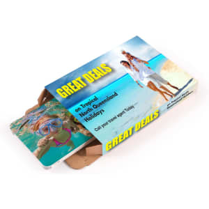 A promotional package featuring a beach scene with a woman and child, showcasing holiday deals in North Queensland.