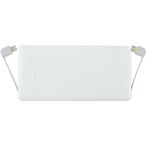 A white power bank with built-in charging cables and indicator lights, featuring a minimalist design and a logo.