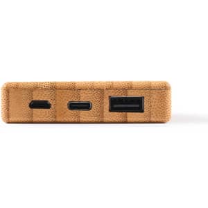 A bamboo power bank with a capacity of 5,000mAh featuring one USB-A port and two USB-C ports.