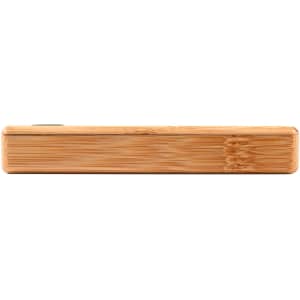 A bamboo power bank with a 5,000mAh capacity. The sleek, rectangular design showcases a natural bamboo finish.