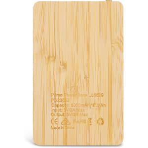 A bamboo-textured power bank with a logo, featuring a slim rectangular design in natural colour.
