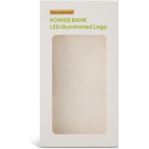 A power bank in a plain white packaging with a transparent front, featuring a natural bamboo design and a branding logo.