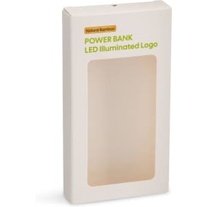 A natural bamboo power bank packaged in a white box with a transparent front and an LED illuminated logo.