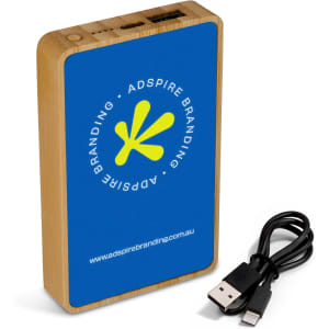 A blue Primo Power Bank with a bamboo edge and a USB cable. It features a logo on the front.