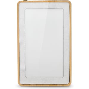 A power bank with a bamboo frame and smooth white surface, featuring a logo on the front.
