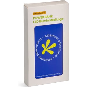 A power bank in a packaging box, featuring a natural bamboo design and a blue front with a logo.