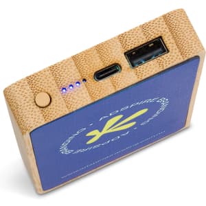 A power bank with a bamboo design, featuring USB ports, LED indicators, and a logo on a blue background.
