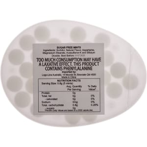 An egg-shaped container of sugar-free breath mints, featuring a label with ingredients and nutritional facts.