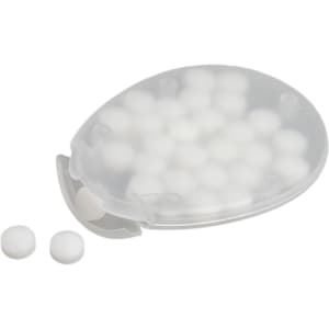 An egg-shaped container holding white, sugar-free breath mints, with some mints visible outside the container.