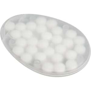 An egg-shaped container filled with sugar-free breath mints. The container is clear with rounded white mints inside.