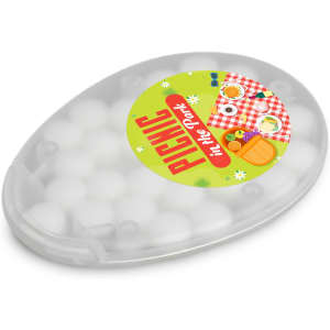 An oval container of white sugar-free breath mints, featuring a colorful picnic-themed label.