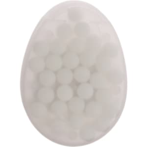 An egg-shaped container filled with sugar-free breath mints.