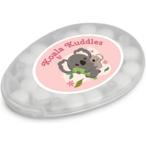 An oval-shaped container of egg-shaped white sugar-free breath mints featuring a cute koala illustration and branding.