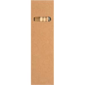 A brown kraft box containing wooden stationery items, featuring a cut-out window to view the contents.