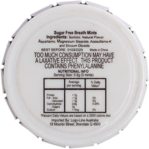 A mint tin with a white lid containing sugar-free breath mints. The bottom includes nutritional information and ingredients.