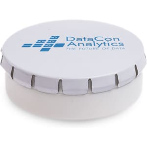 A mint tin featuring a white lid with the logo of DataCon Analytics and the text "THE FUTURE OF DATA."