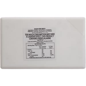 A rectangular package of sugar-free breath mints features nutritional facts and usage warnings on the back.