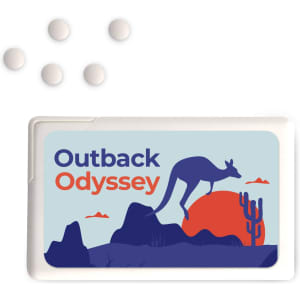A rectangular container of sugar-free breath mints featuring a kangaroo design, accompanied by several mints.