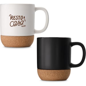 A ceramic mug with a cork base, available in white and black colours, featuring a logo.