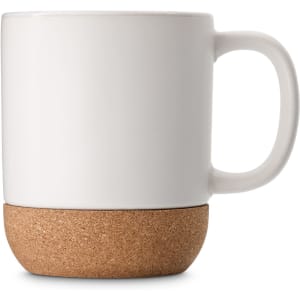 A coffee mug with a white ceramic body and a cork base, featuring a simple design and a handle.