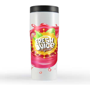 A drink bottle featuring a vibrant design with splashes of red and green, topped with a black lid and a logo.