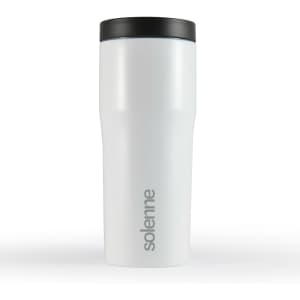 A drink bottle in white with a black lid and a logo, designed as a travel mug.