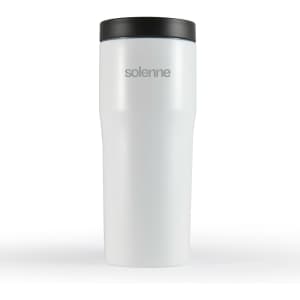 A drink bottle in white with a black lid and a simple logo, designed for travel mug use.