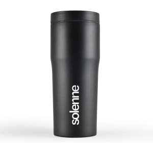 A travel mug in matte black with a logo featured prominently on the side.