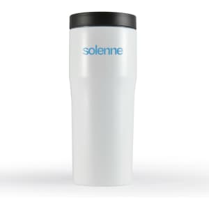 A drink bottle with a white body and black lid, featuring a logo in blue. Suitable for travel.