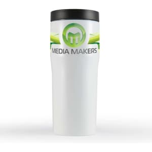 A travel mug featuring a white body with a black lid and a logo on the front.