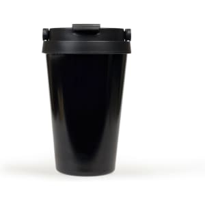A black vacuum cup with a secured lid, featuring a sleek, glossy finish and a branding logo.