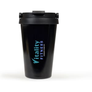 A travel mug in black, featuring a lid and a logo in blue and white. Ideal for on-the-go hydration.