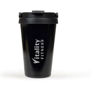 A drink bottle with a black finish, featuring a secure lid and a logo. Ideal for travel and fitness use.