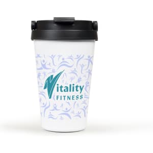 A drink bottle featuring a white body with a black lid and a decorative pattern, along with a logo.