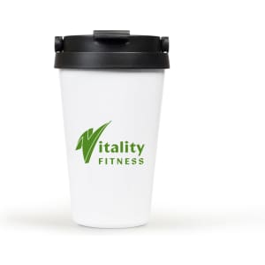 A travel mug with a white body and black lid, featuring a logo in green.