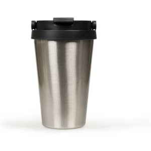 A drink bottle with a stainless steel body and a black lid, featuring a logo on the front.