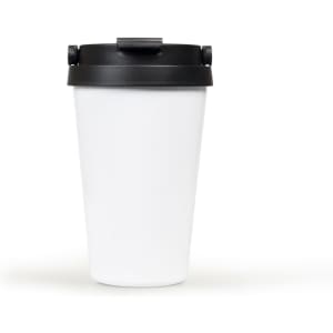 A drink bottle featuring a white body with a black lid, complete with a logo. Ideal for travel or outdoor use.