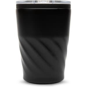 A reusable coffee cup with a matte black finish and a twisted texture, featuring a clear lid.