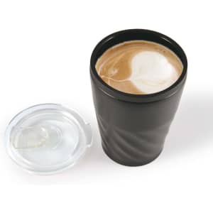A reusable black coffee cup with a clear lid, featuring a swirled design and a latte art pattern on top.