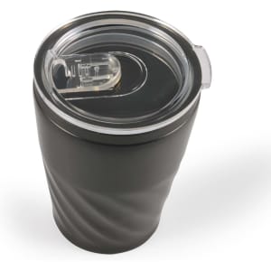 A reusable coffee cup with a textured black exterior and a clear, flip-top lid.