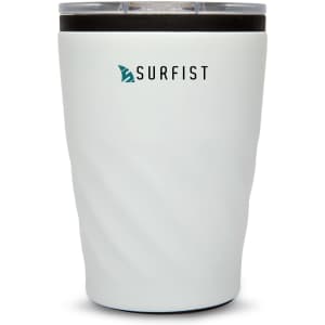 A reusable coffee cup in a sleek white design with a clear lid and a logo.