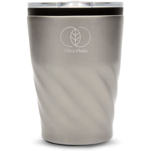 A reusable coffee cup in a sleek silver finish with a swirling design and a transparent lid. Features a logo.