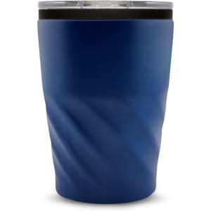 A drinkware item, this reusable coffee cup is navy blue with a textured design and a clear lid. It features a logo.
