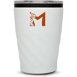 A reusable coffee cup in white with a textured design and a logo on the front.