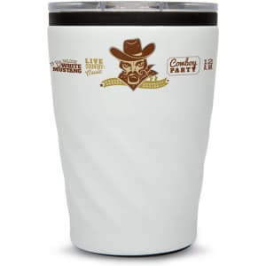 A reusable coffee cup in white with a black lid, featuring a cowboy-themed design and a logo.