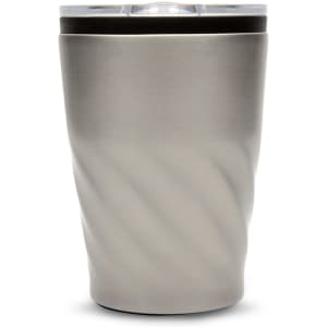 A reusable coffee cup with a sleek, brushed metal finish and a twisted design, featuring a transparent lid.