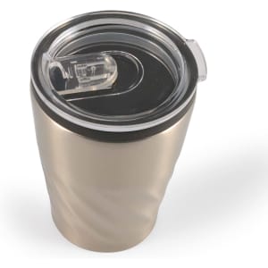 A reusable coffee cup with a sleek metallic finish and a clear plastic lid, featuring a sliding closure.