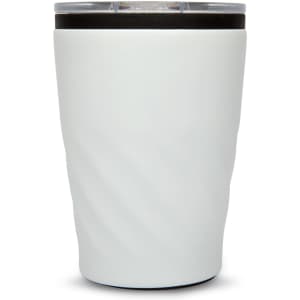 A reusable coffee cup featuring a sleek, white design with a twisted texture and a clear lid.