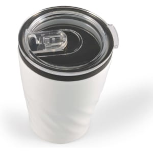 A reusable coffee cup with a sleek white exterior and a clear plastic lid featuring a sliding opening.