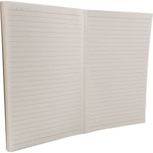 A lined notebook with a soft cover, featuring blank pages, in a natural beige color. It includes a simple logo.